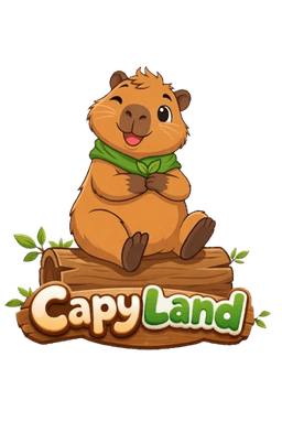 Logo Capyland, maskot capybara kartun duduk di atas batang kayu